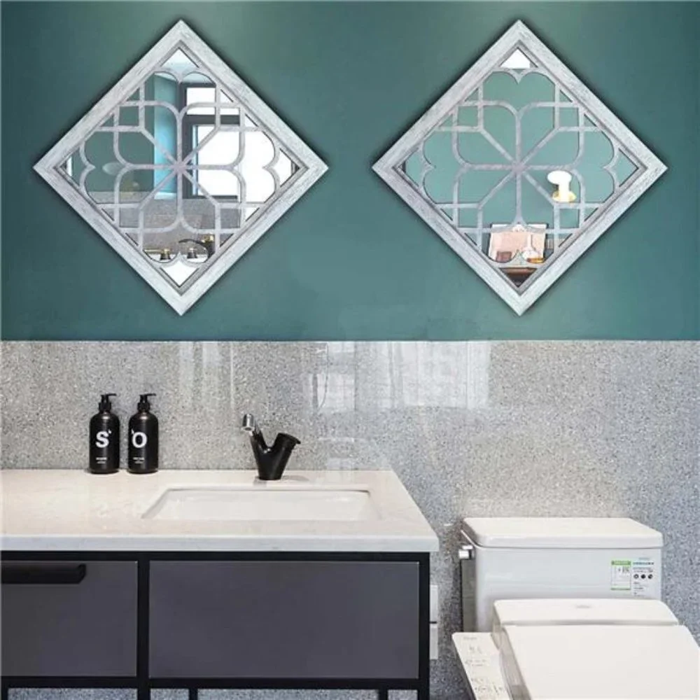 2 PCS Square  Wall Mirror,Gorgeous Rustic Farmhouse Accent Mirror,Rustic White